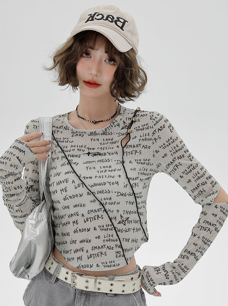 Sleeve Split Short Print Slim Top Letter
