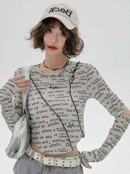 Sleeve Split Short Print Slim Top Letter