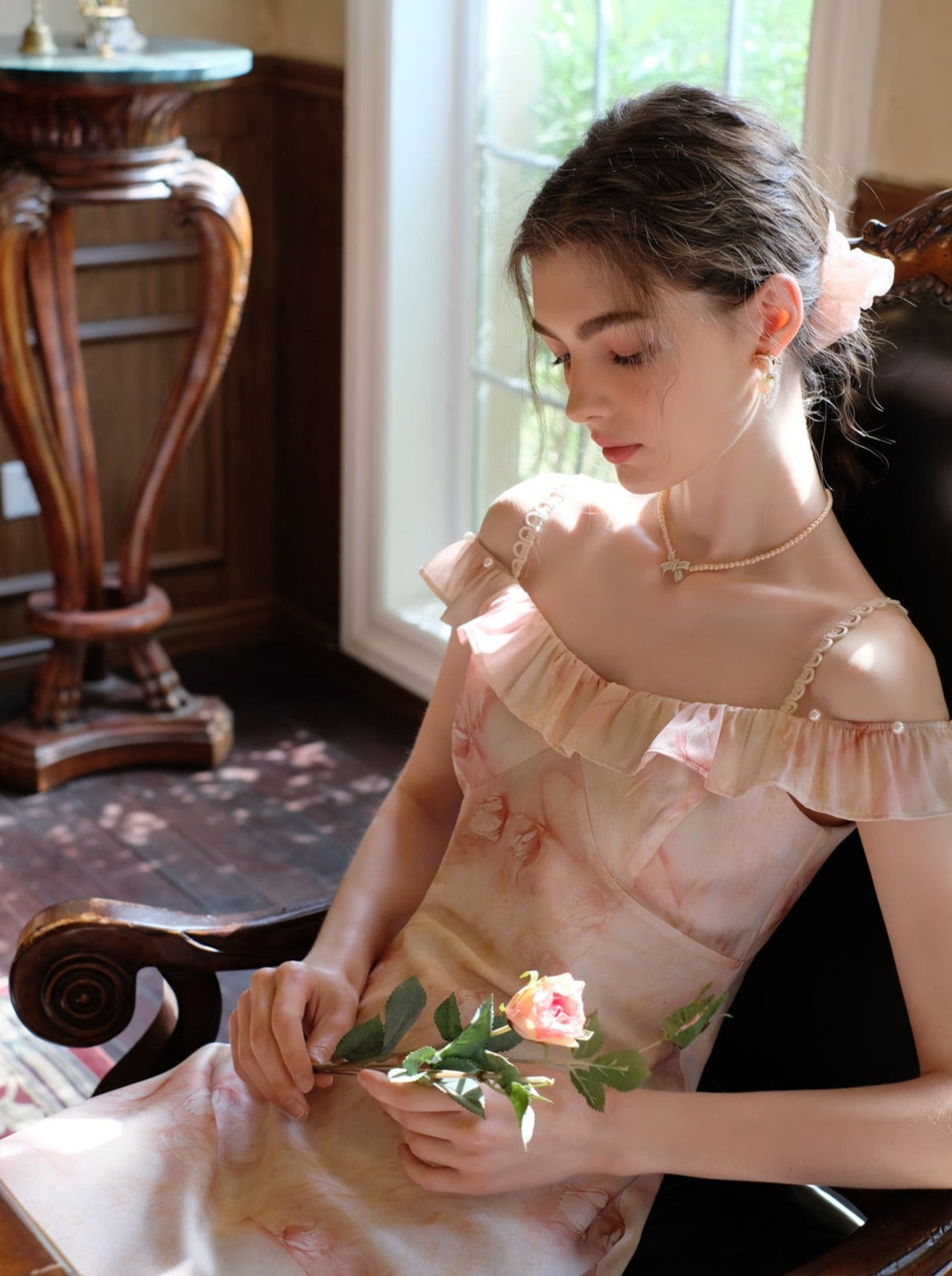 Long Suspender Dress Flower Blouse Cardigan + Sheer