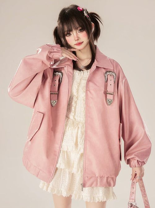 Veste en cuir rose rétro avec boucle et fermeture éclair