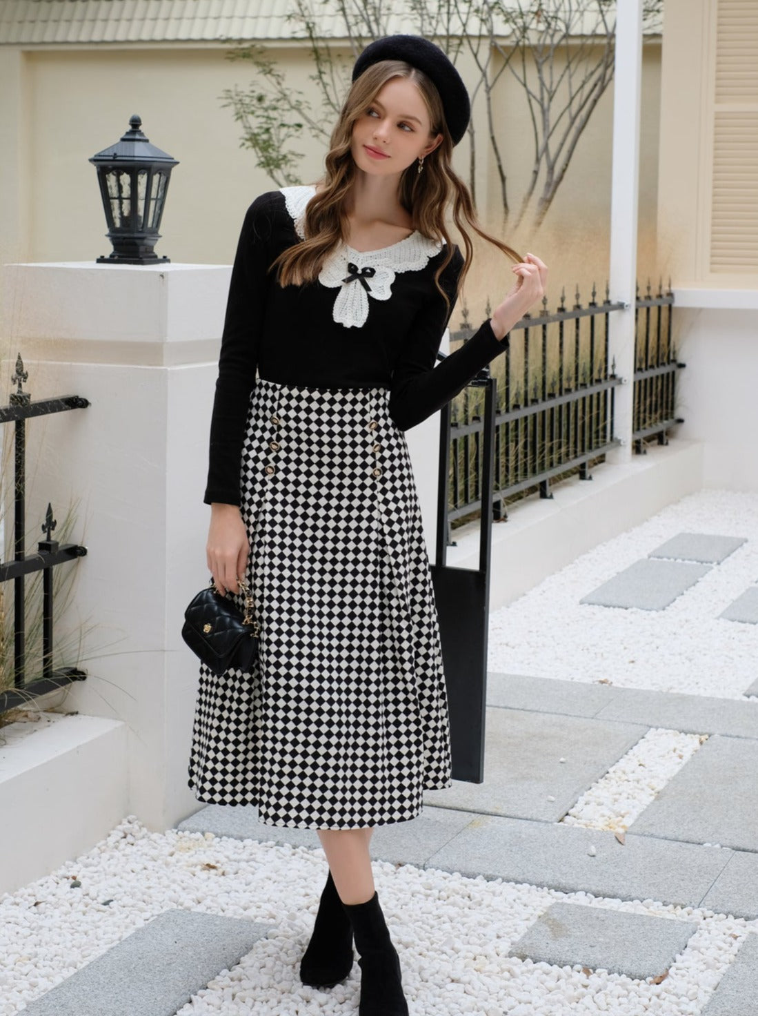 Design Lace Diamond Ribbon + Top Check Skirt