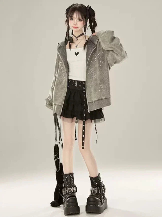 Zipper Hooded Diamond Druzy Gray Hoodie Light