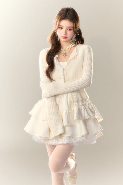 Flying Cream Dress Lace Sleeve Shoe Puffy