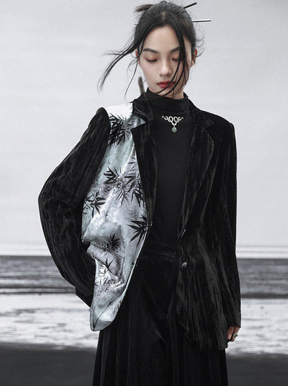 Veste imprimée chinoise en velours de bambou contrasté avec épissure de couleur