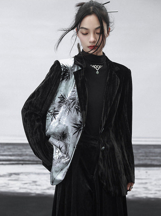 Veste imprimée chinoise en velours de bambou contrasté avec épissure de couleur