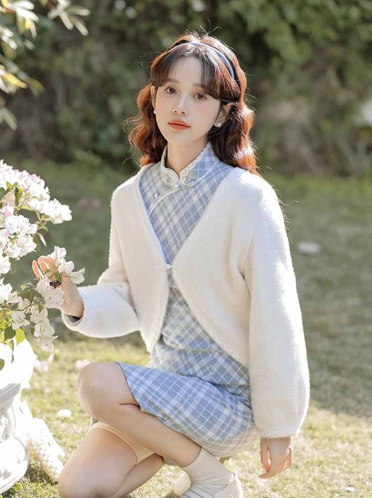 Check China + Short Knit Cardigan Dress Girly Retro
