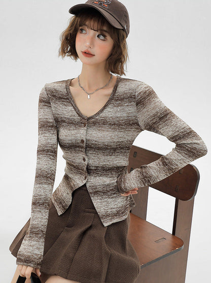 American Retro Knit Striped Cardigan Gradient