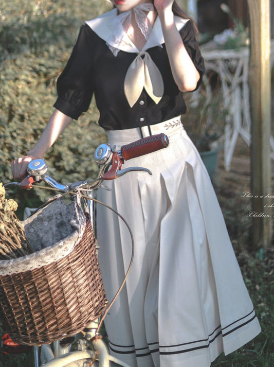 Chemise élégante à manches courtes et oreilles de lapin marin français, style rétro, col bouffant, jupe plissée