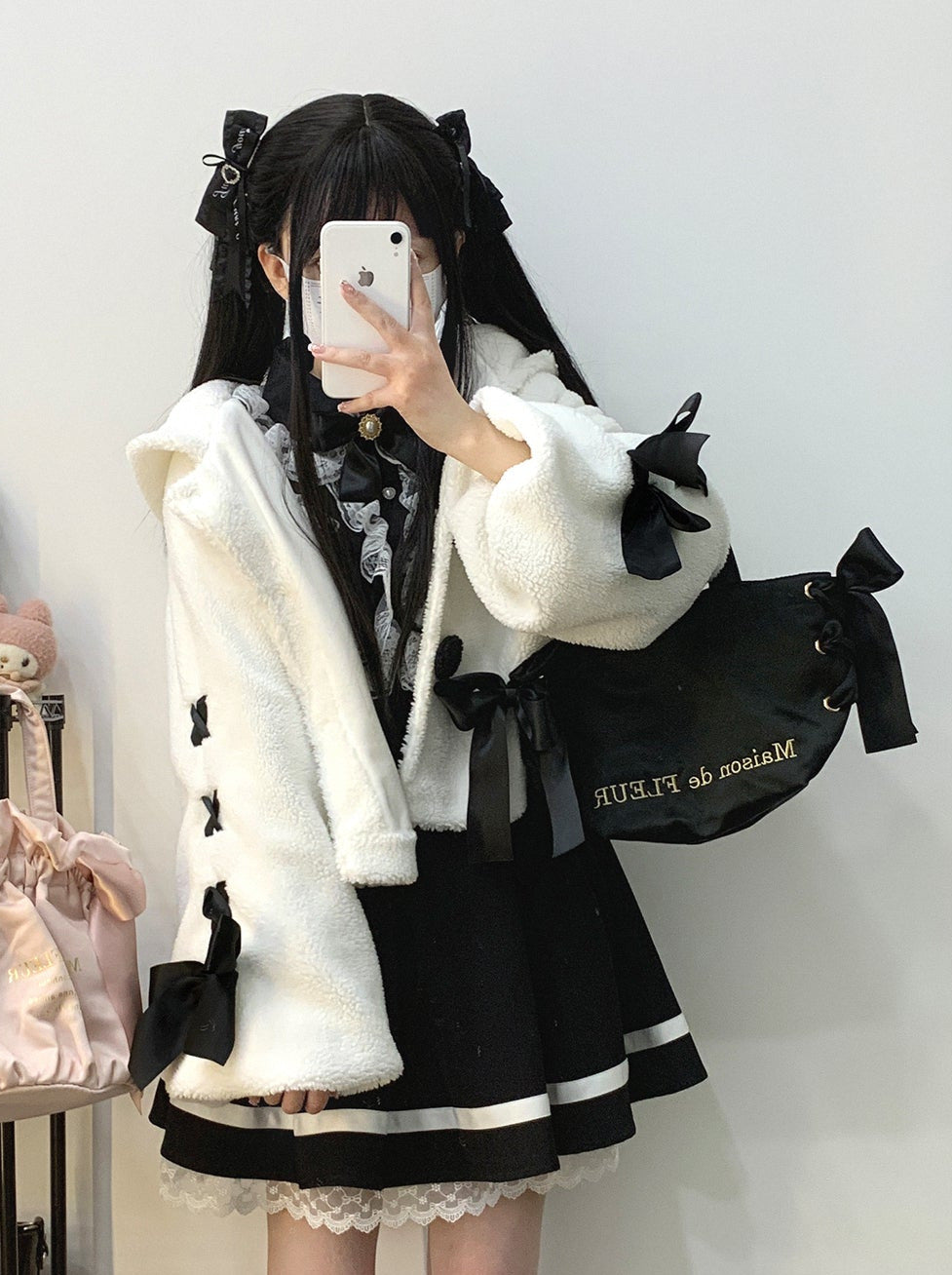 うさぎ耳フーディレース アプリボン プラッシュボアコート