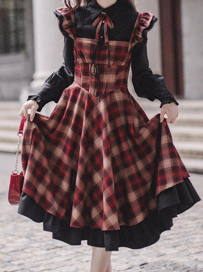Ruffle Black Accessories Suit Ruffle Shoulder Ribbon + Sleeve Shirt + Retro Elegant Dress Check Layered