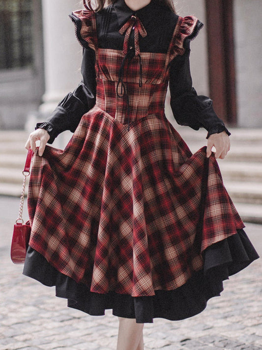 Ruffle Black Accessories Suit Ruffle Shoulder Ribbon + Sleeve Shirt + Retro Elegant Dress Check Layered