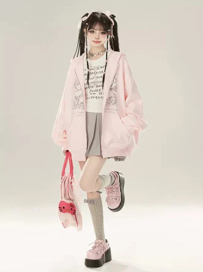 Zip Girly + Loose Butterfly Camisole Pants Jacket Ribbon Sweatshirt Hooded Pink