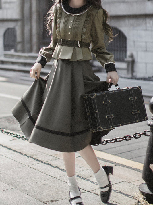 Jupe taille haute Note + costume Brume Perle Ruban Volants Couleur vintage Perle Ceinture Mousse + Vert