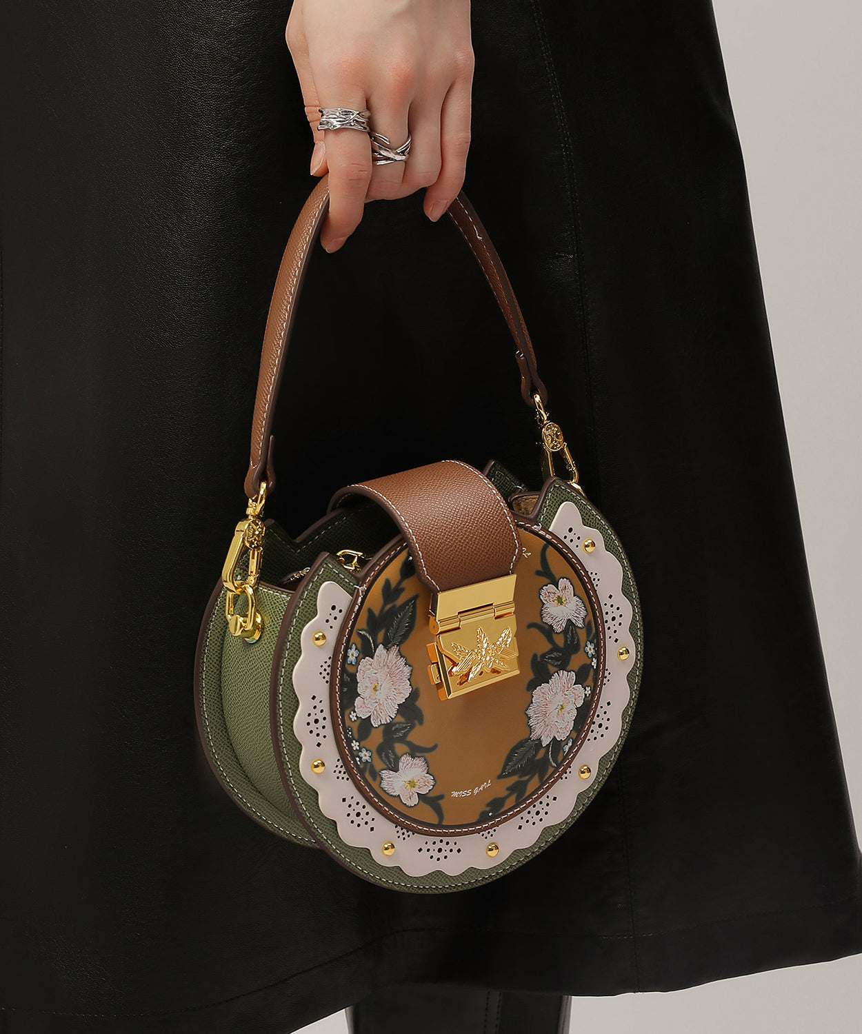 Print Calf Patchwork Saddle Leather Bag Original Green Design