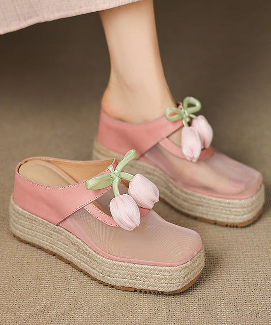 Tulle Splicing Heels Leather Pink Wedge Sandals Cowhide Slide