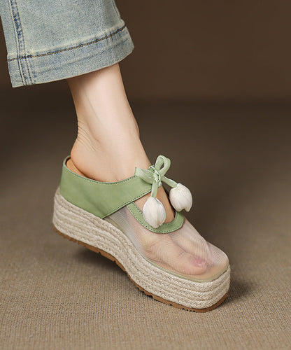 Tulle Splicing Heels Leather Pink Wedge Sandals Cowhide Slide