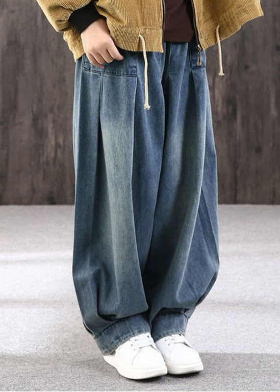 Pockets Summer Lantern Pants Denim Blue Plus Size Patchwork