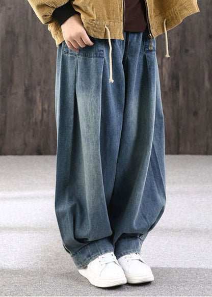 Pockets Summer Lantern Pants Denim Blue Plus Size Patchwork