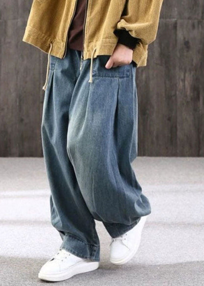 Pockets Summer Lantern Pants Denim Blue Plus Size Patchwork