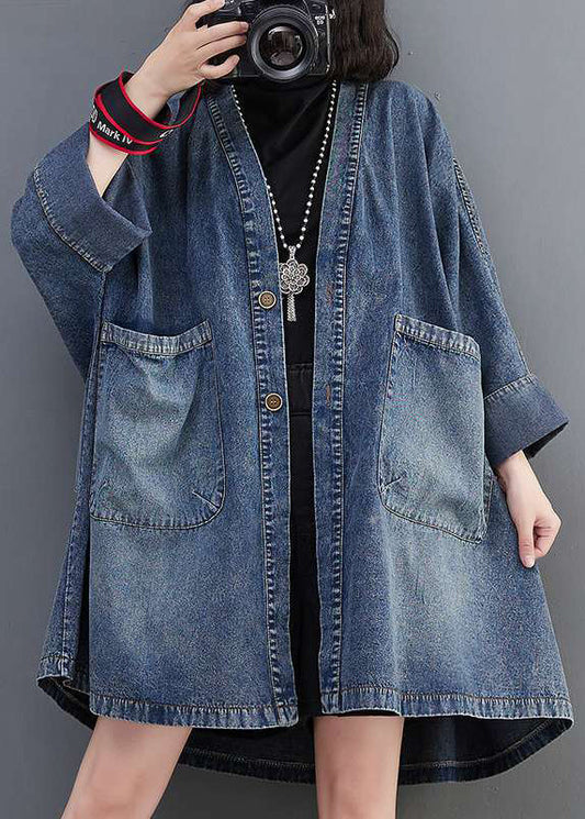 Denim Neck Coats Plus Pockets V Size Fall Blue