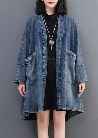 Denim Hals Mäntel Plus Taschen V Größe Herbst Blau