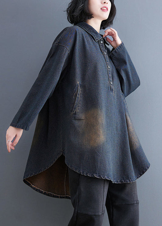 Blue Retro Fall Patchwork Collar Shirt Peter Pan Denim