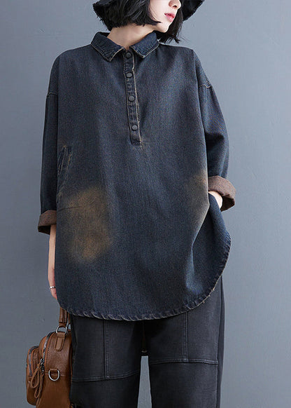 Blaues Retro-Fall-Patchwork-Kragenhemd Peter Pan Denim