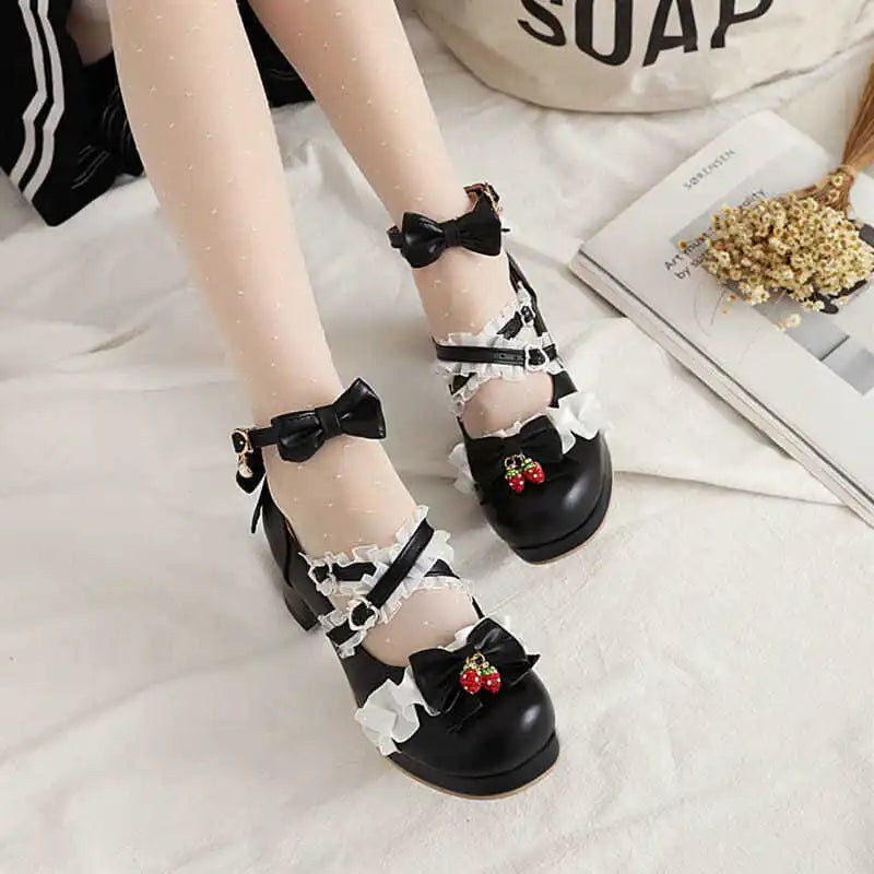 Bow Strawberry Ruffles Sweet Princess Wedding Shoes - 30-43