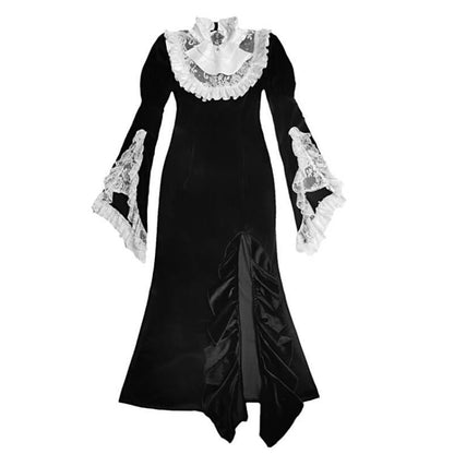 Robe longue sirène en velours et dentelle style gothique médiéval avec motif vampire