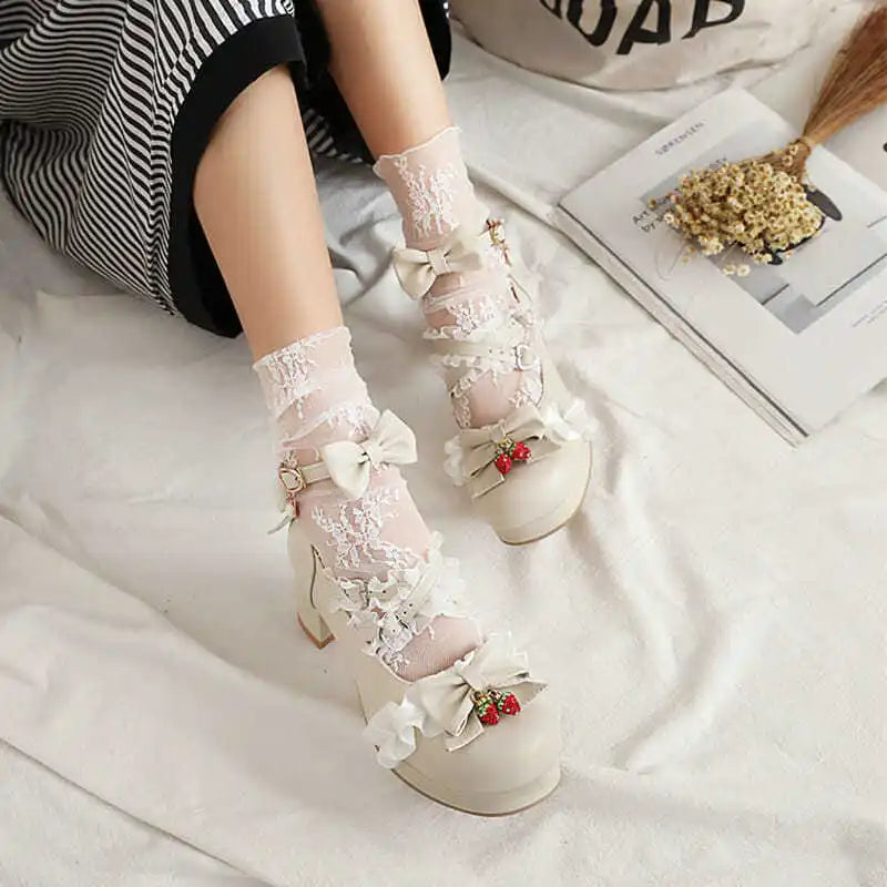 Bow Strawberry Ruffles Sweet Princess Wedding Shoes - 30-43