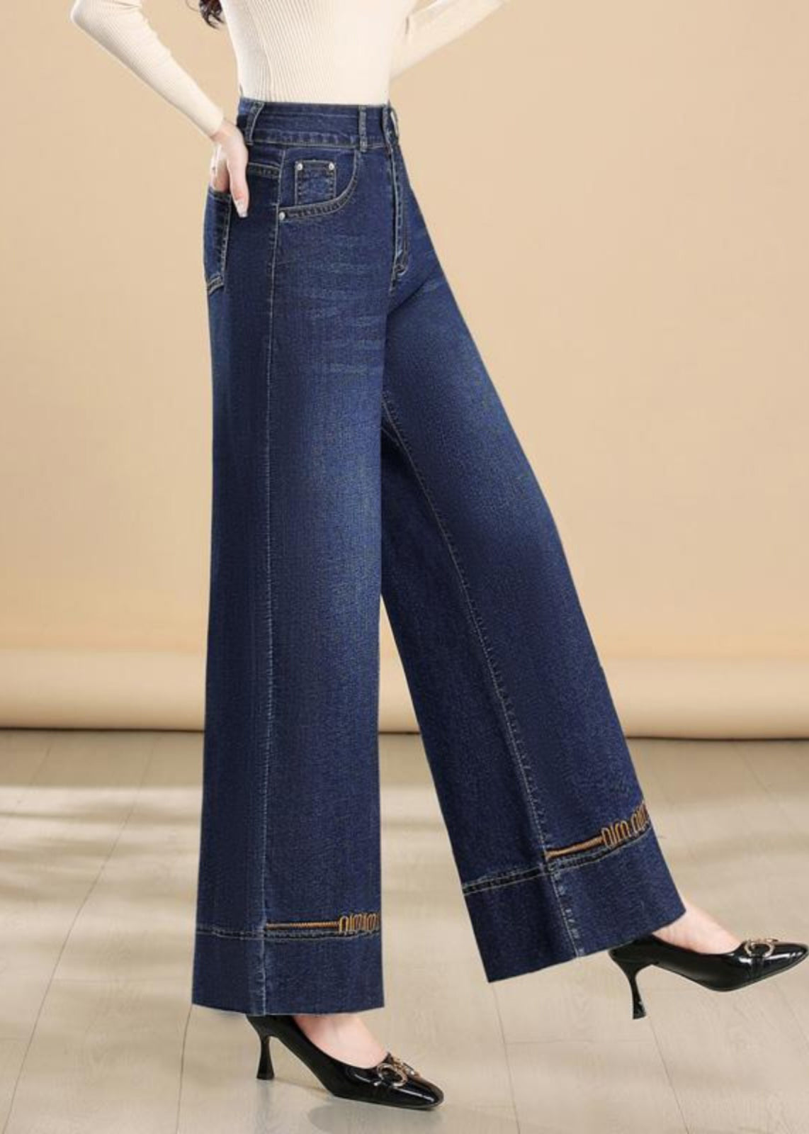Silm Bestickte Hose Navy Sommer Denim Weite Passform