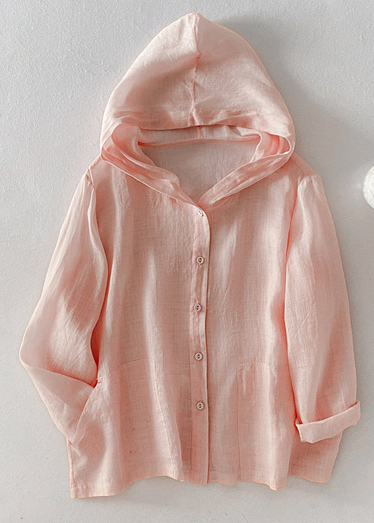 Simple Pockets Fall Button Shirt Hooded Cotton Pink