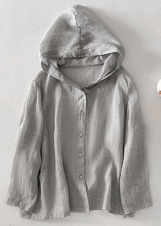Simple Pockets Fall Button Shirt Hooded Cotton Pink