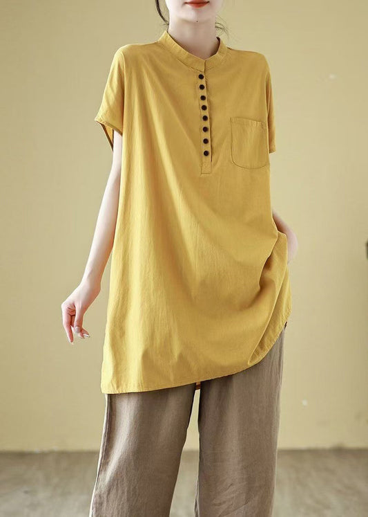 Button Sleeve Cotton Yellow Solid T Short Pockets Shirt Simple