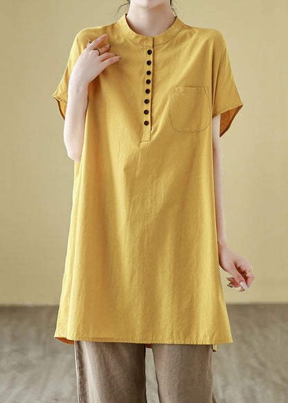Button Sleeve Cotton Yellow Solid T Short Pockets Shirt Simple