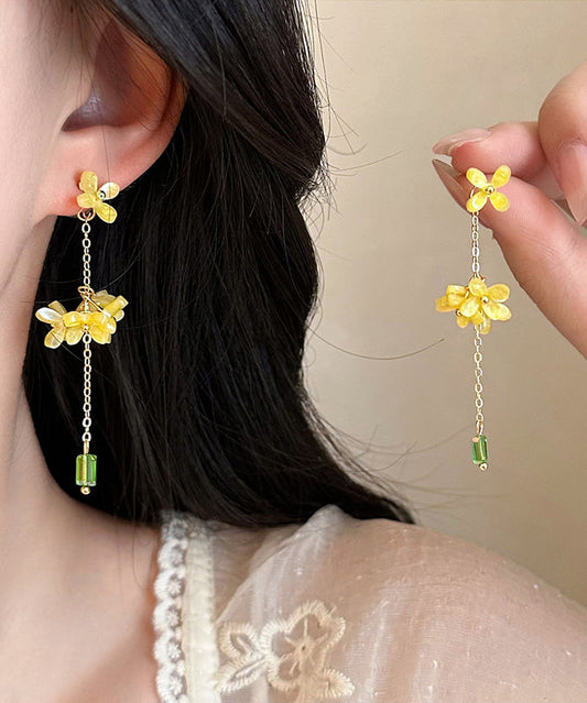 Yellow Flower Drop Tassel Earrings Skinny Acrylic Osmanthus