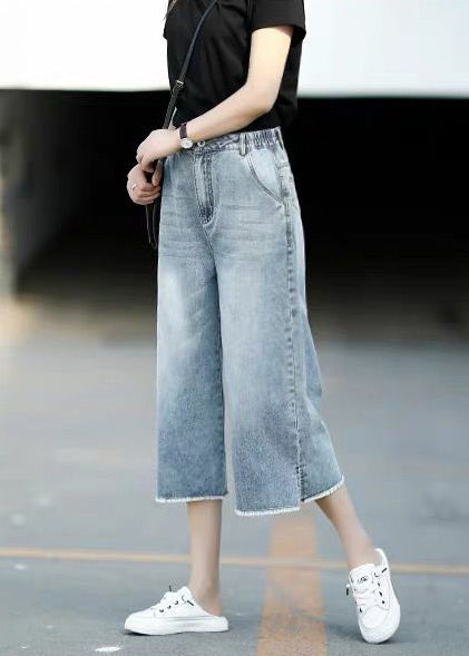 Sommer Leichte Hose Blau Elastische Gerade Hose Stil Crop Denim Taille