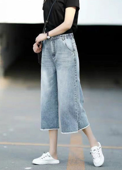 Sommer Leichte Hose Blau Elastische Gerade Hose Stil Crop Denim Taille