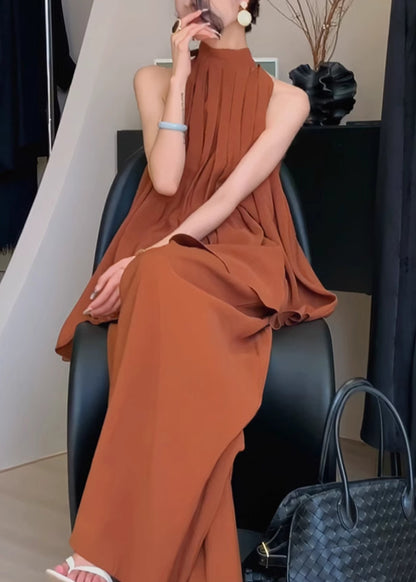 Chiffon Caramel Two Set Summer Stylish Stand Collar Pieces Wrinkled