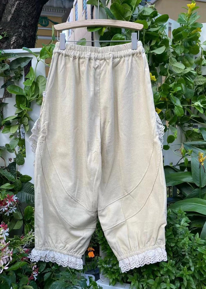 Embroidered Khaki Harem Pockets Corduroy Pants Ruffled Stylish
