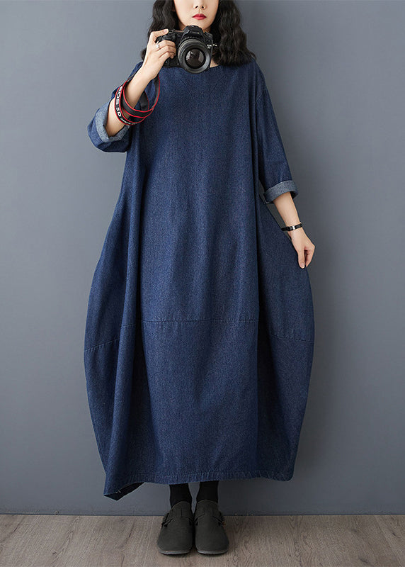 Vintage Dress Sleeve Denim Blue Maxi O-Neck Ruffled