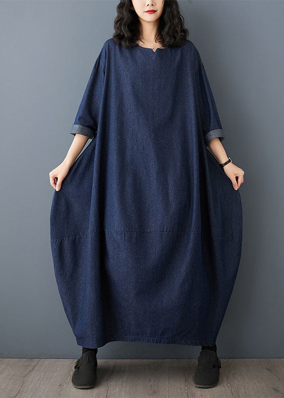 Vintage Dress Sleeve Denim Blue Maxi O-Neck Ruffled