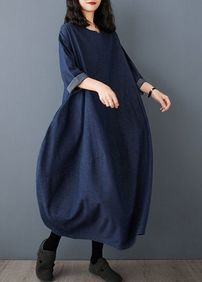 Vintage Dress Sleeve Denim Blue Maxi O-Neck Ruffled