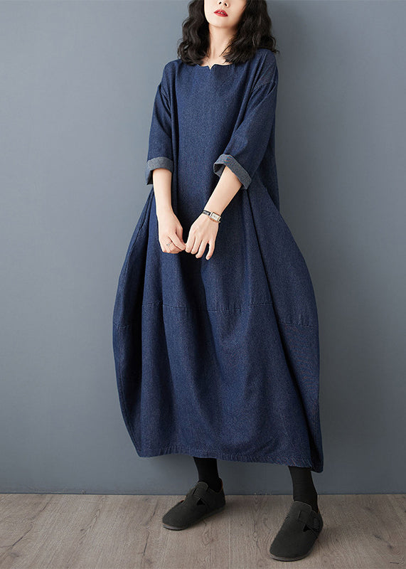 Vintage Dress Sleeve Denim Blue Maxi O-Neck Ruffled