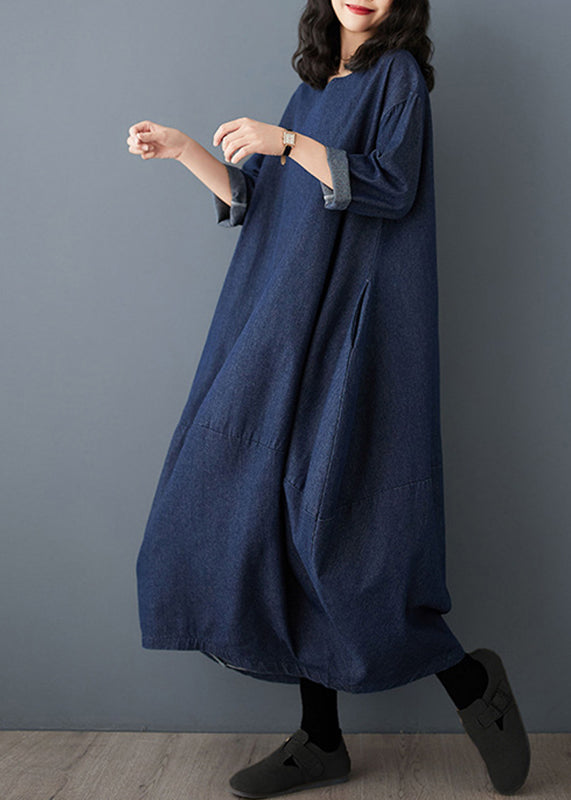 Vintage Dress Sleeve Denim Blue Maxi O-Neck Ruffled