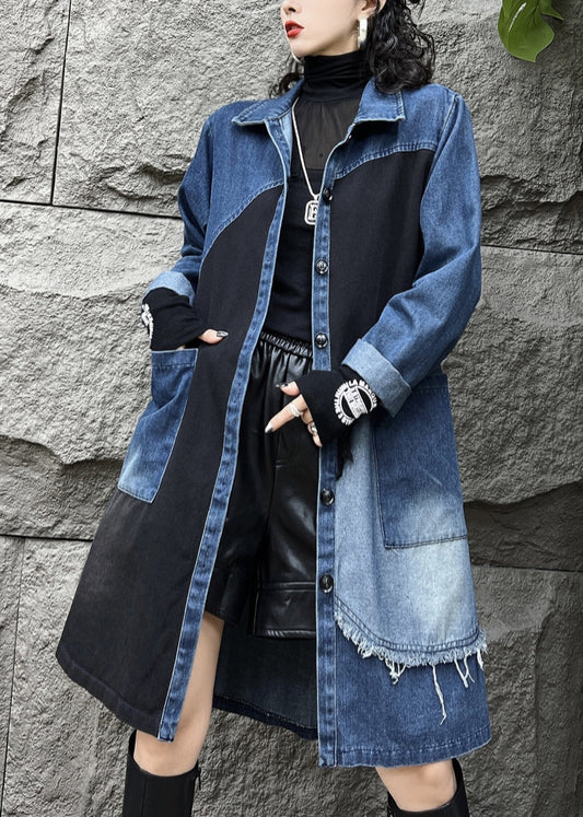 Pan Button Collar Coats Pockets Denim Vintage Fall Peter Long Blue Trench