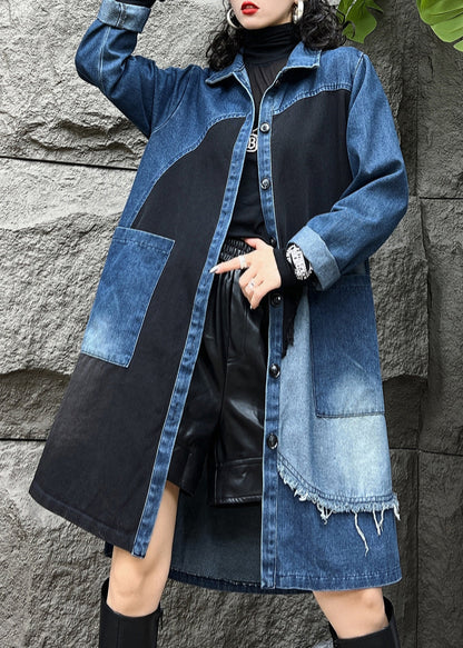 Pan Button Kragen Mäntel Taschen Denim Vintage Herbst Peter Long Blue Trench