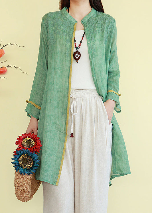 Thin Patchwork Button Blouses Linen Green Vintage
