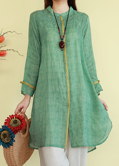 Thin Patchwork Button Blouses Linen Green Vintage