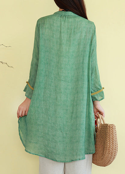 Thin Patchwork Button Blouses Linen Green Vintage